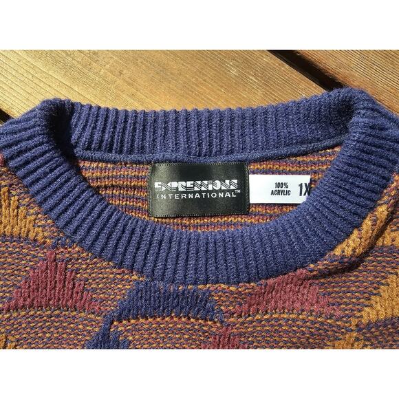 VTG Expression International Crew Neck Sweater Sz 1X Grandpa Cosby Geometric Y2K - Picture 2 of 5
